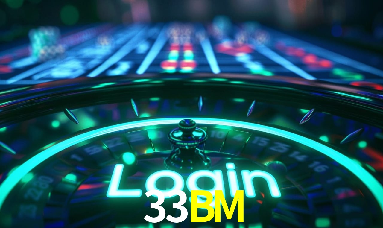 Escena dinámica inspirada en casino con iluminación 33BM, cartas, fichas e íconos de juegos digitales en un espacio moderno de juegos.